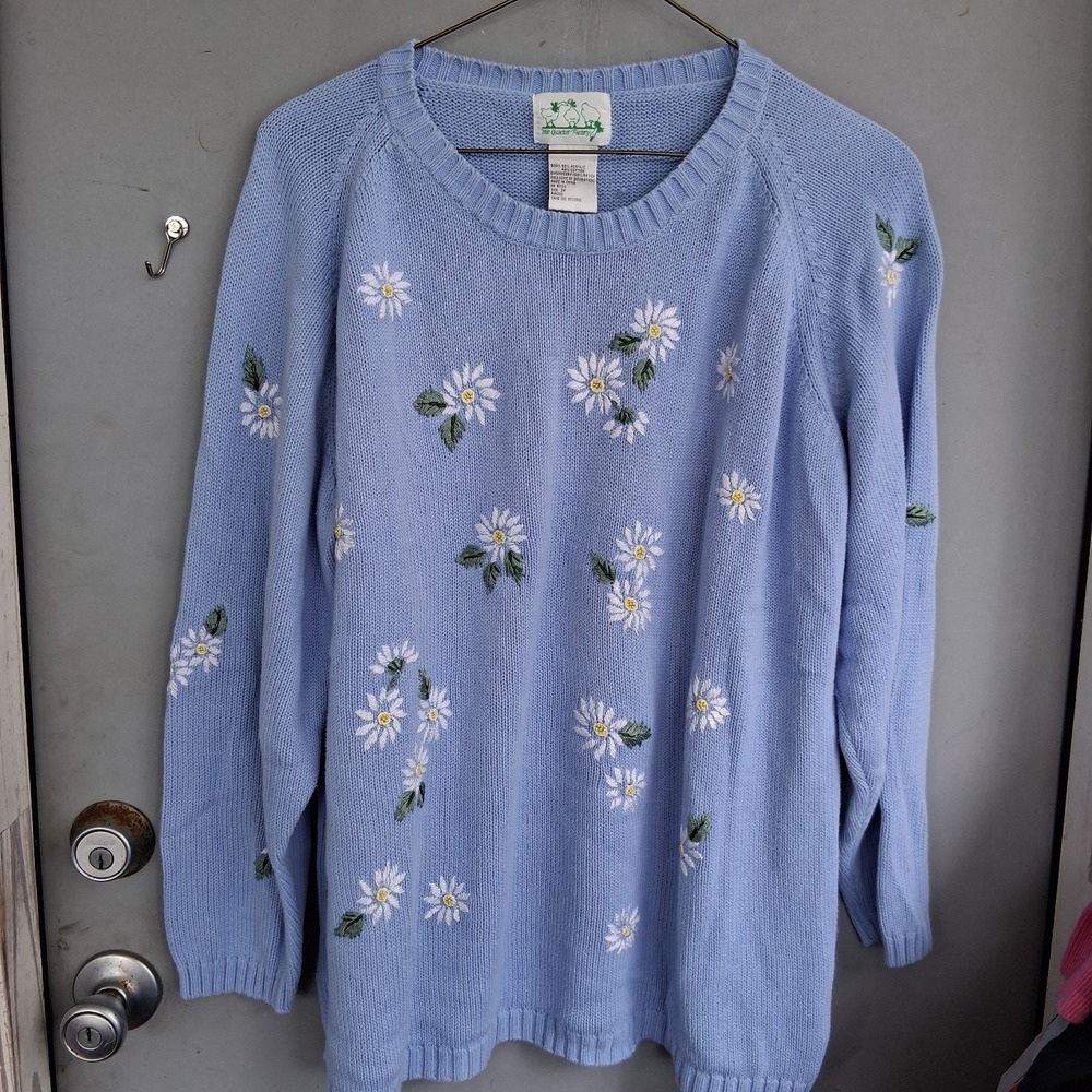 Vintage Cottagecore Y2k Quacker Factory Sky Blue Daisies Sweater 2x EUC XXL